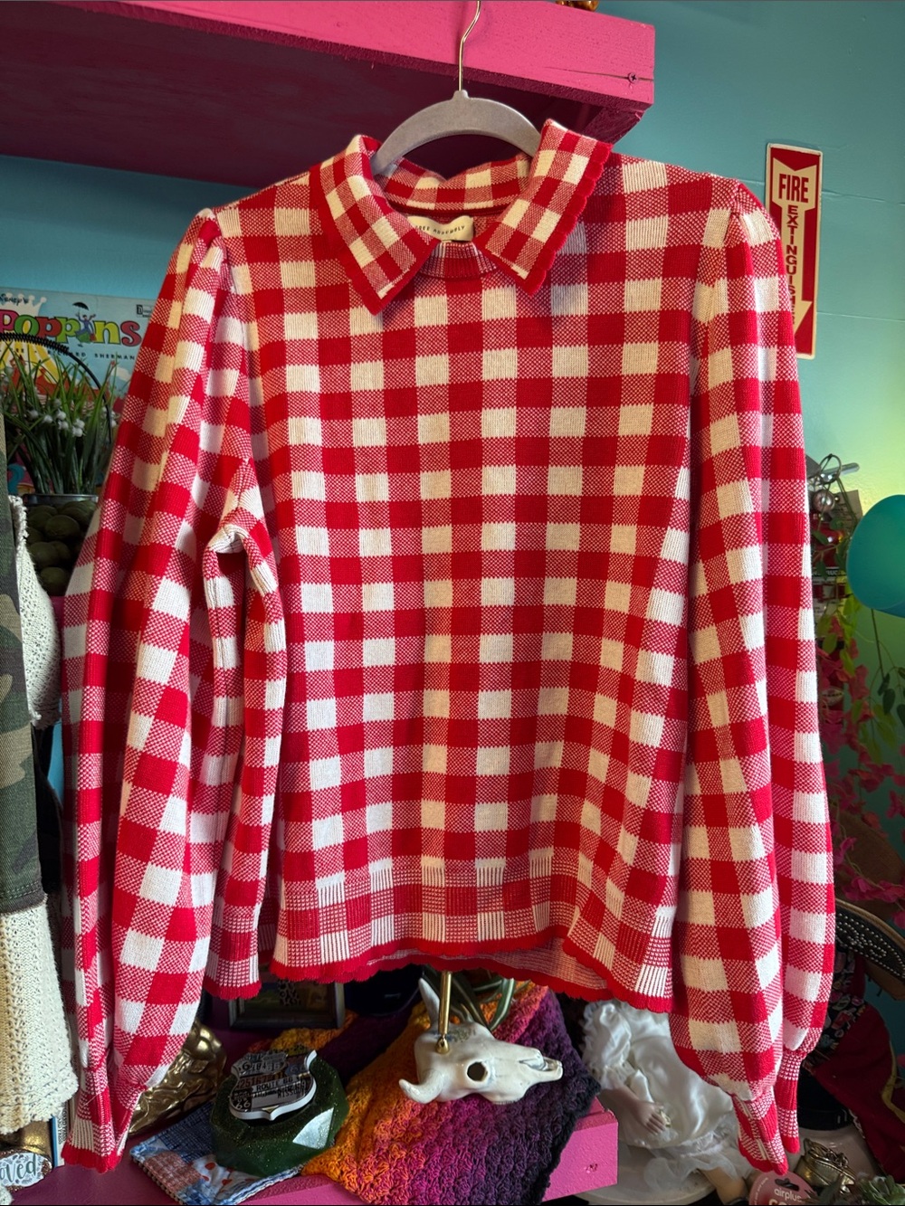 Red & White Gingham Collared Women's Sweater - Unbranded
